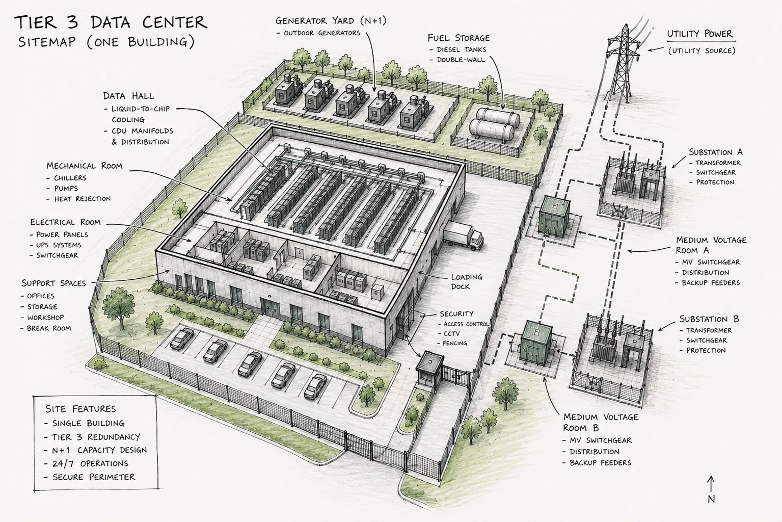 Annotated site plan of the Tier III expansion: a liquid-to-chip data hall with CDU manifolds, mechanical and electrical rooms, support spaces, an N+1 generator yard with double-wall diesel storage, two substations and two medium-voltage rooms, and a secured perimeter