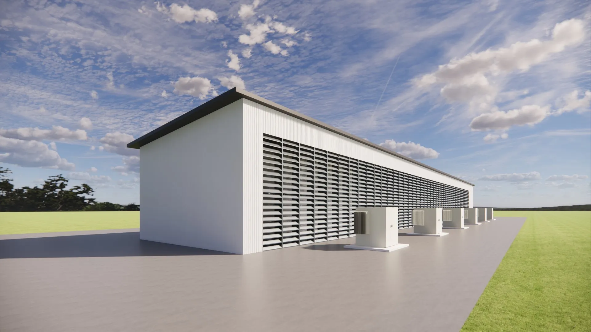 Rendering of a long louvered AAIM data hall with its line of chillers alongside, in open Minnesota farmland