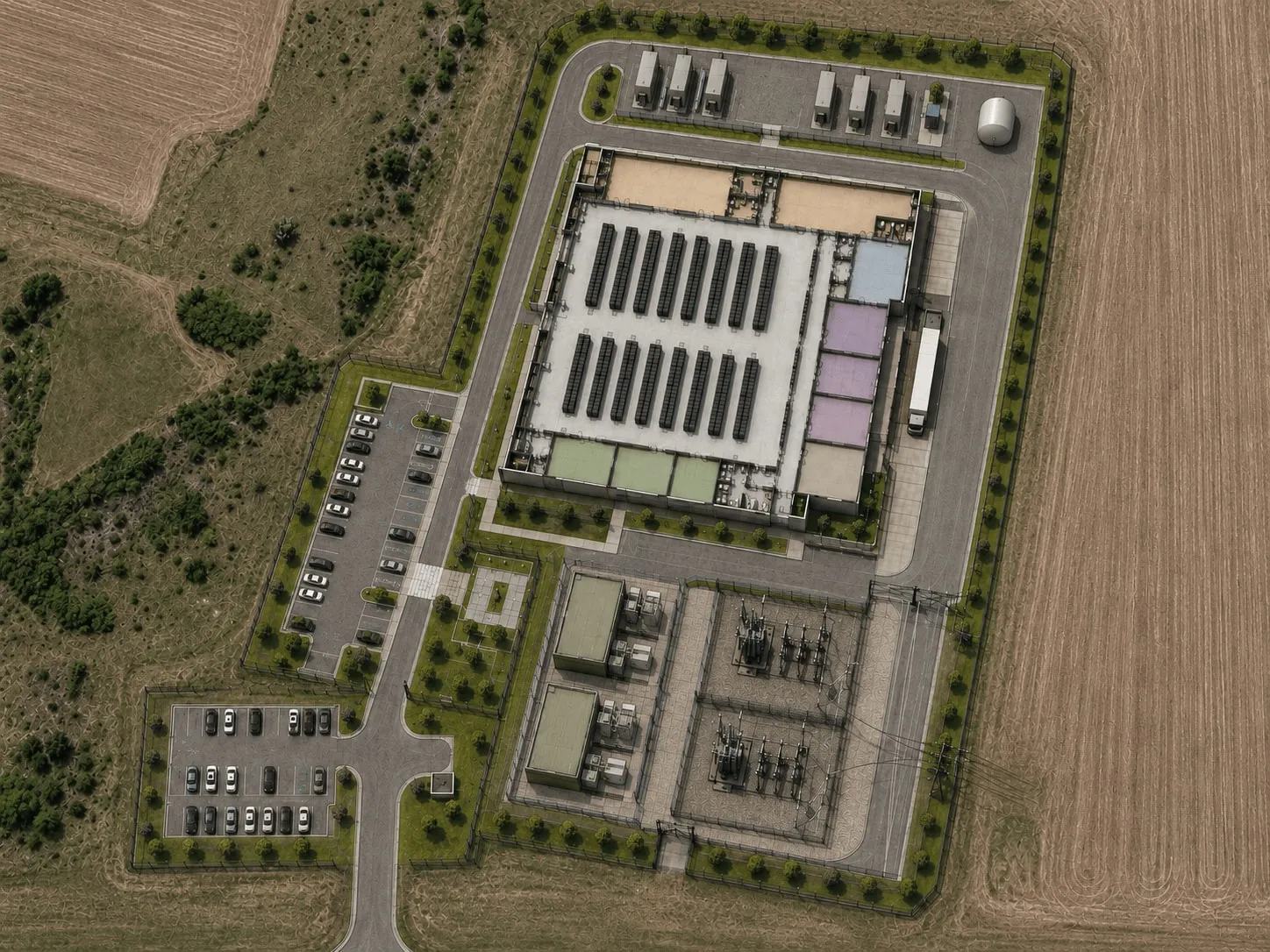 Aerial rendering of the Missouri expansion: a data hall with rows of racks, a generator yard with an above-ground fuel tank, two substations and medium-voltage buildings, staff parking, and a secured perimeter